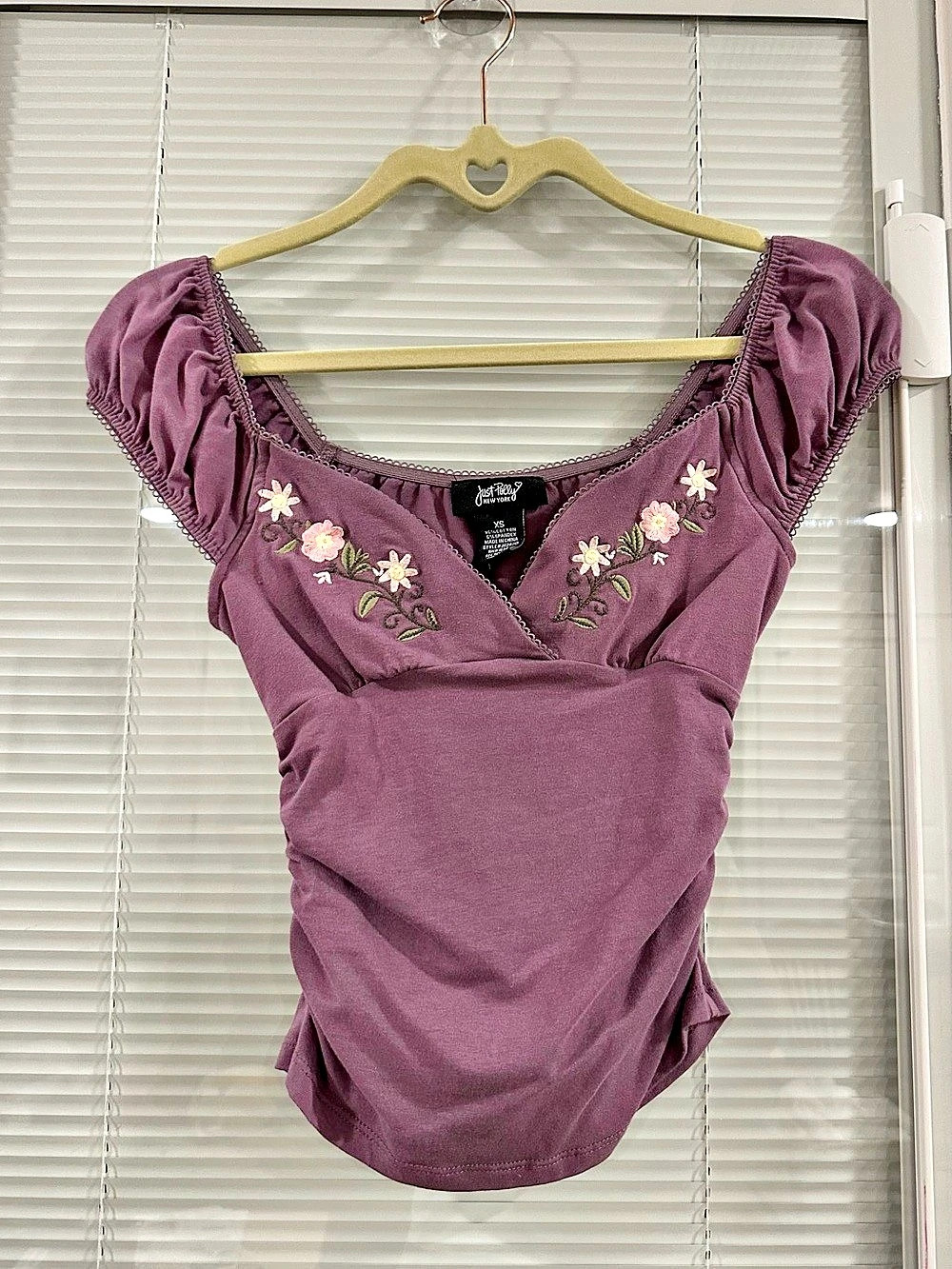 Just Rolly Floral Embroidered Ruched Top in Purple XS